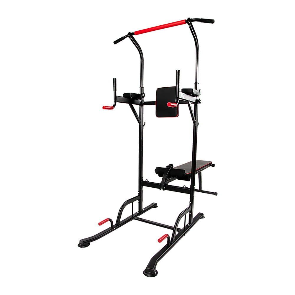 Multi-function power tower workout station with black and red frame, pull-up bar, and bench